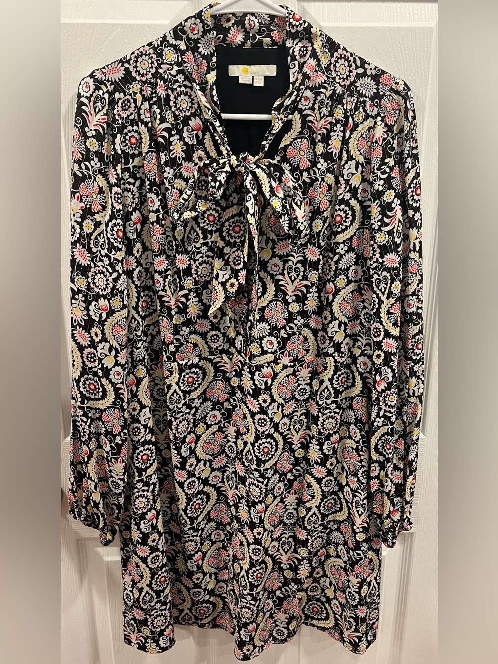 Boden Black Multicolor Floral Shift V Neck Dress Long Sleeve w Neck Tie Size 8R